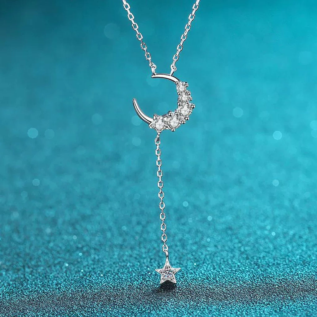 Moon and Star Moissanite Pendant Necklace in Rhodium-Plated S925 sterling silver product scene view showing chain and setting detail