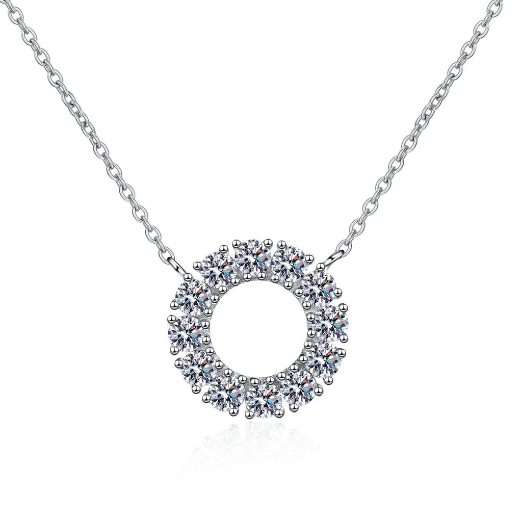 Circle Moissanite Pendant Necklace in Rhodium-Plated S925 sterling silver on white background showing pendant shape and round moissanite