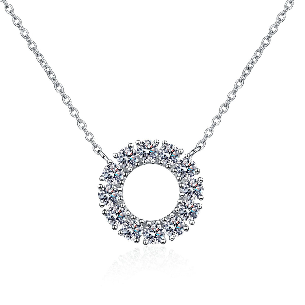 Circle Moissanite Pendant Necklace in Rhodium-Plated S925 sterling silver on white background showing pendant shape and round moissanite