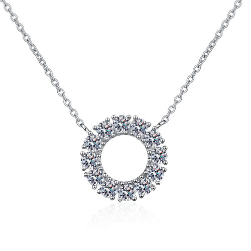 Circle Moissanite Pendant Necklace in Rhodium-Plated S925 sterling silver on white background showing pendant shape and round moissanite