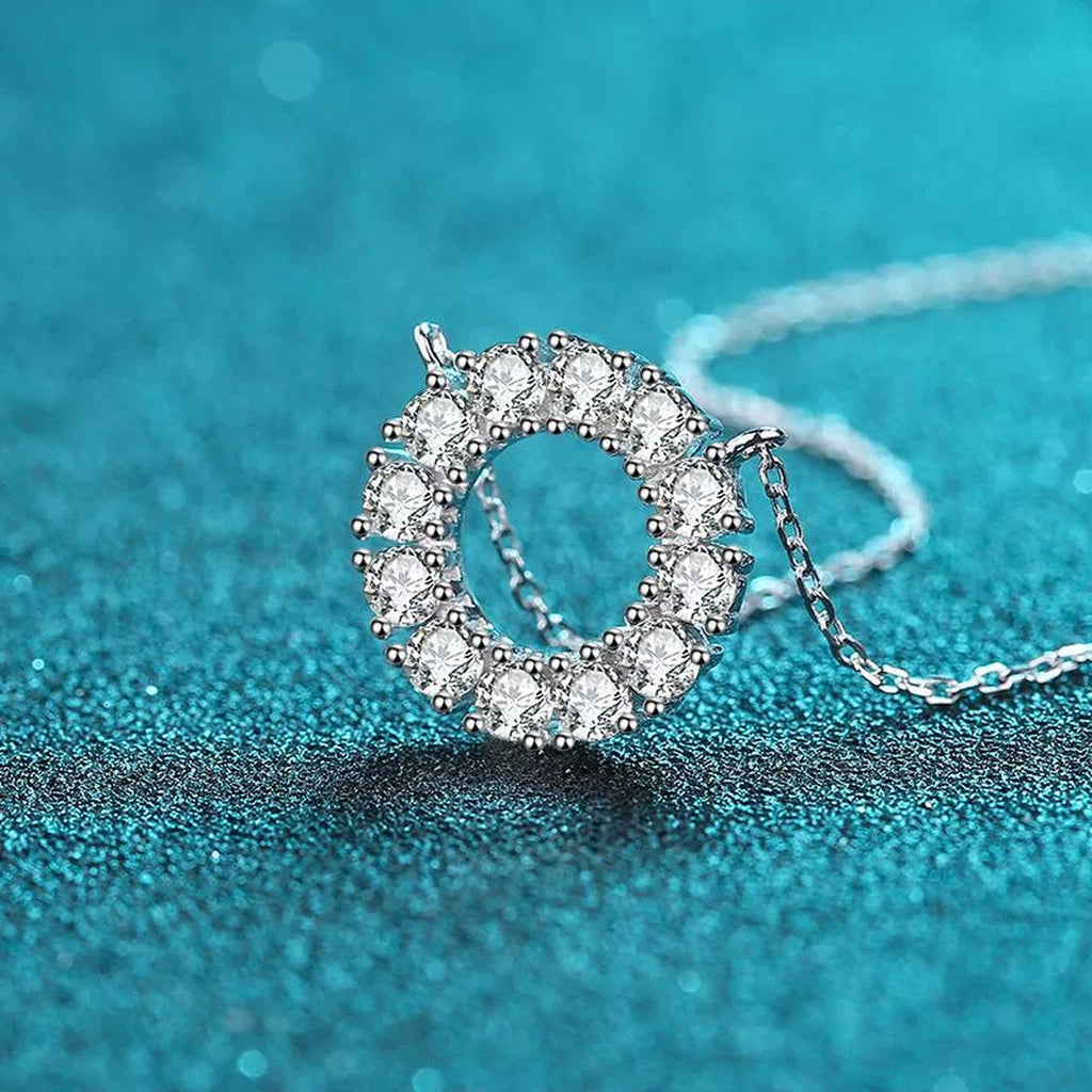 Circle Moissanite Pendant Necklace in Rhodium-Plated S925 sterling silver product scene view showing pendant detail