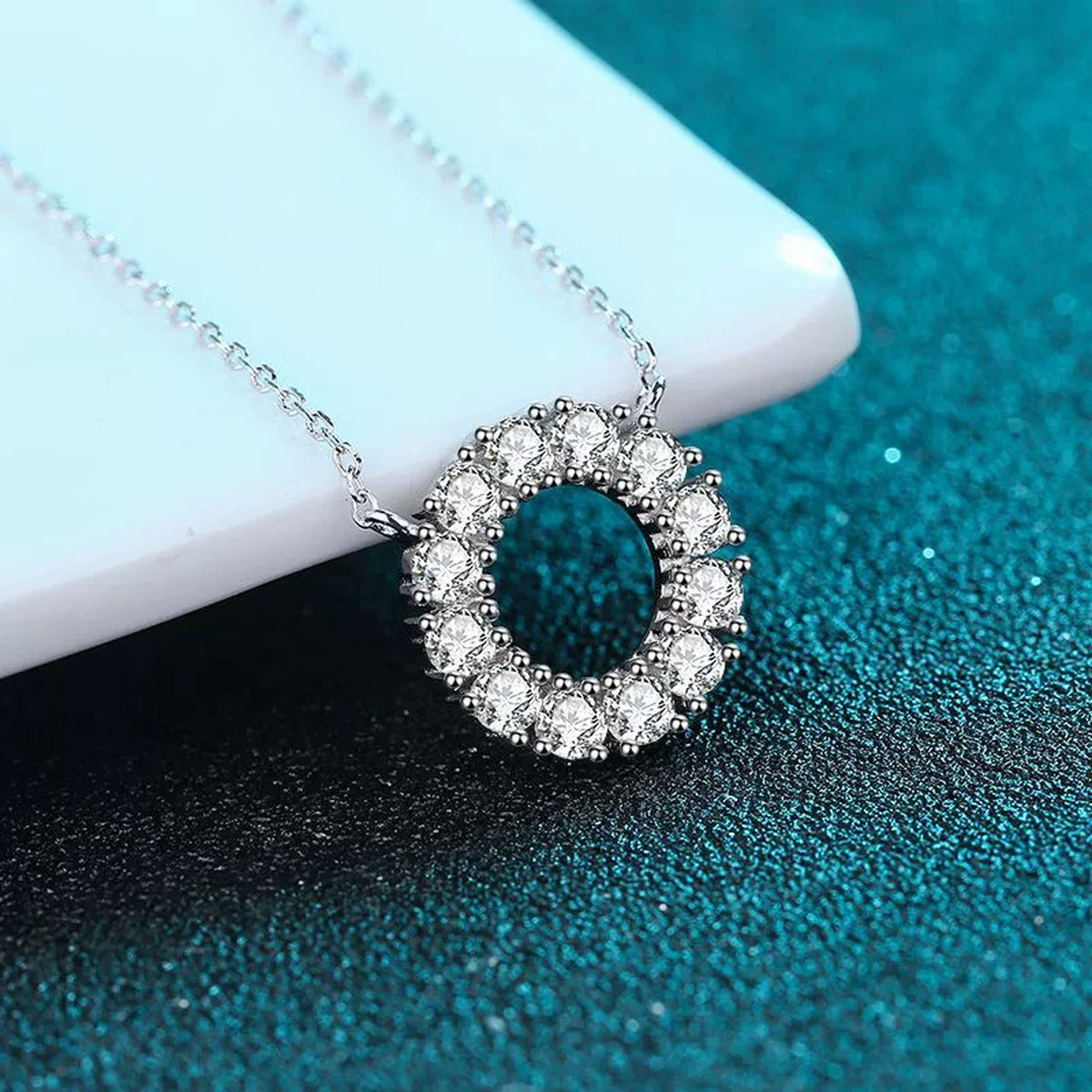 Circle Moissanite Pendant Necklace in Rhodium-Plated S925 sterling silver product scene view showing chain and setting detail