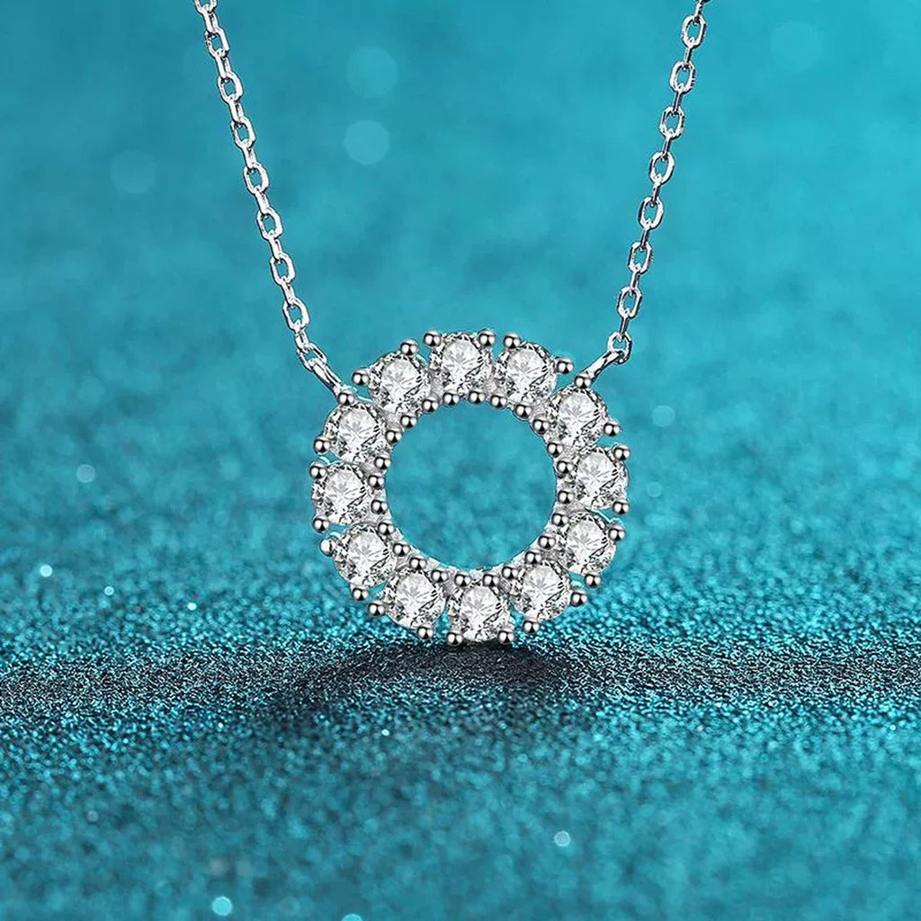 Circle Moissanite Pendant Necklace in Rhodium-Plated S925 sterling silver product scene view showing angled sparkle