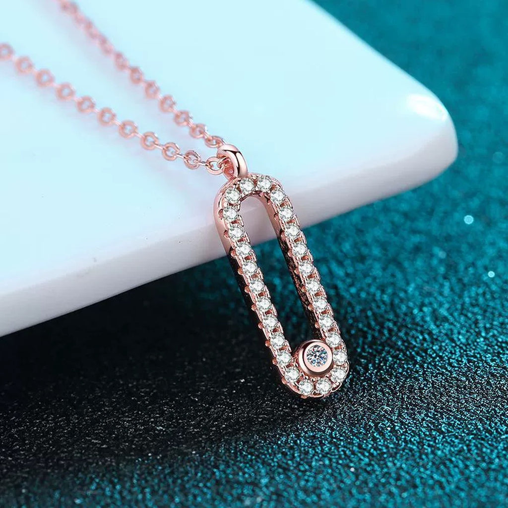 Geometric Lock Moissanite Pendant Necklace in Rhodium and Rose Gold-Plated S925 sterling silver product scene view showing pendant detail
