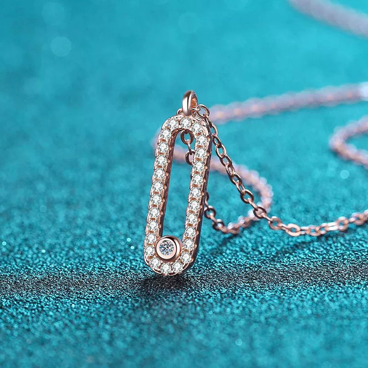 Geometric Lock Moissanite Pendant Necklace in Rhodium and Rose Gold-Plated S925 sterling silver product scene view showing chain and setting detail