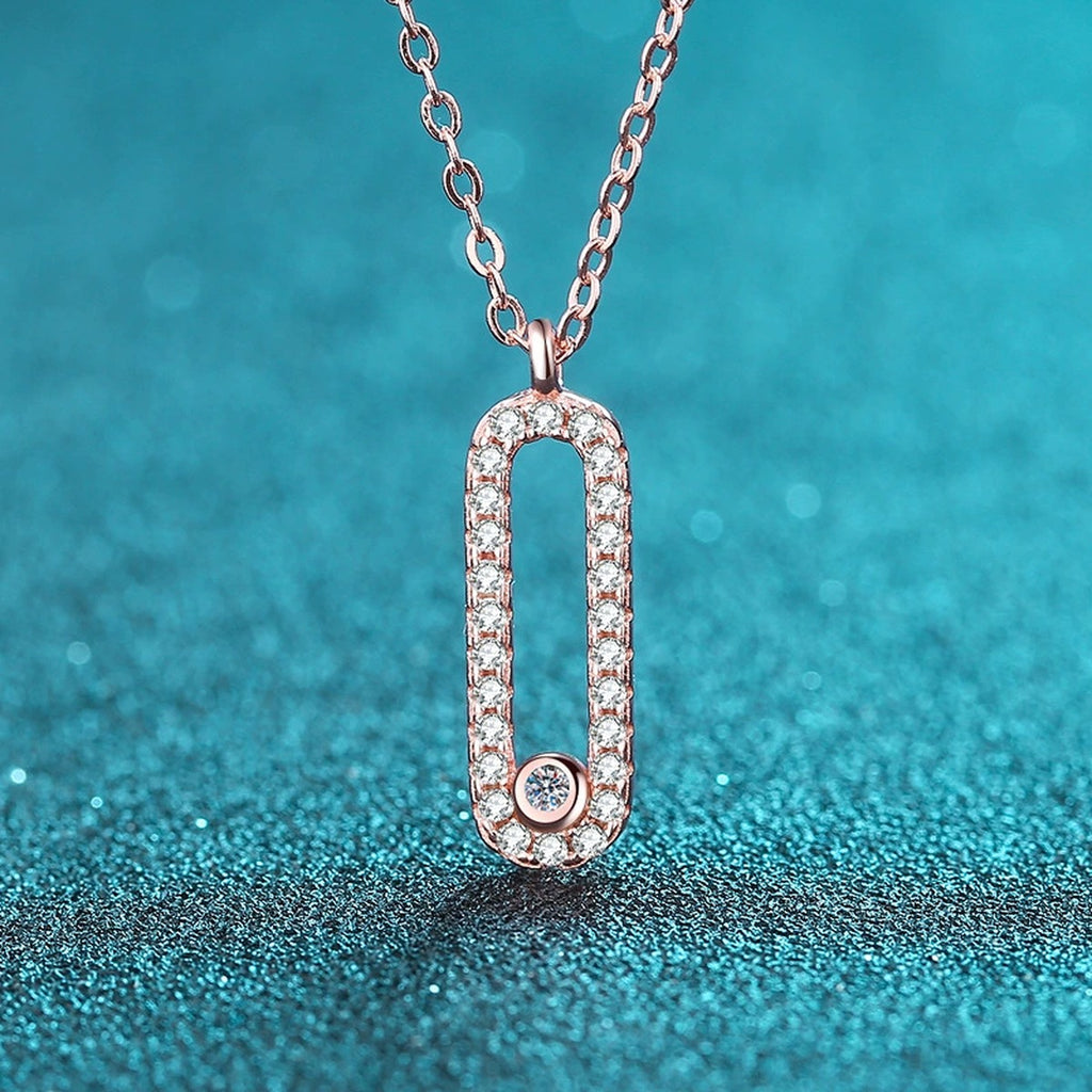Geometric Lock Moissanite Pendant Necklace in Rhodium and Rose Gold-Plated S925 sterling silver product scene view showing angled sparkle