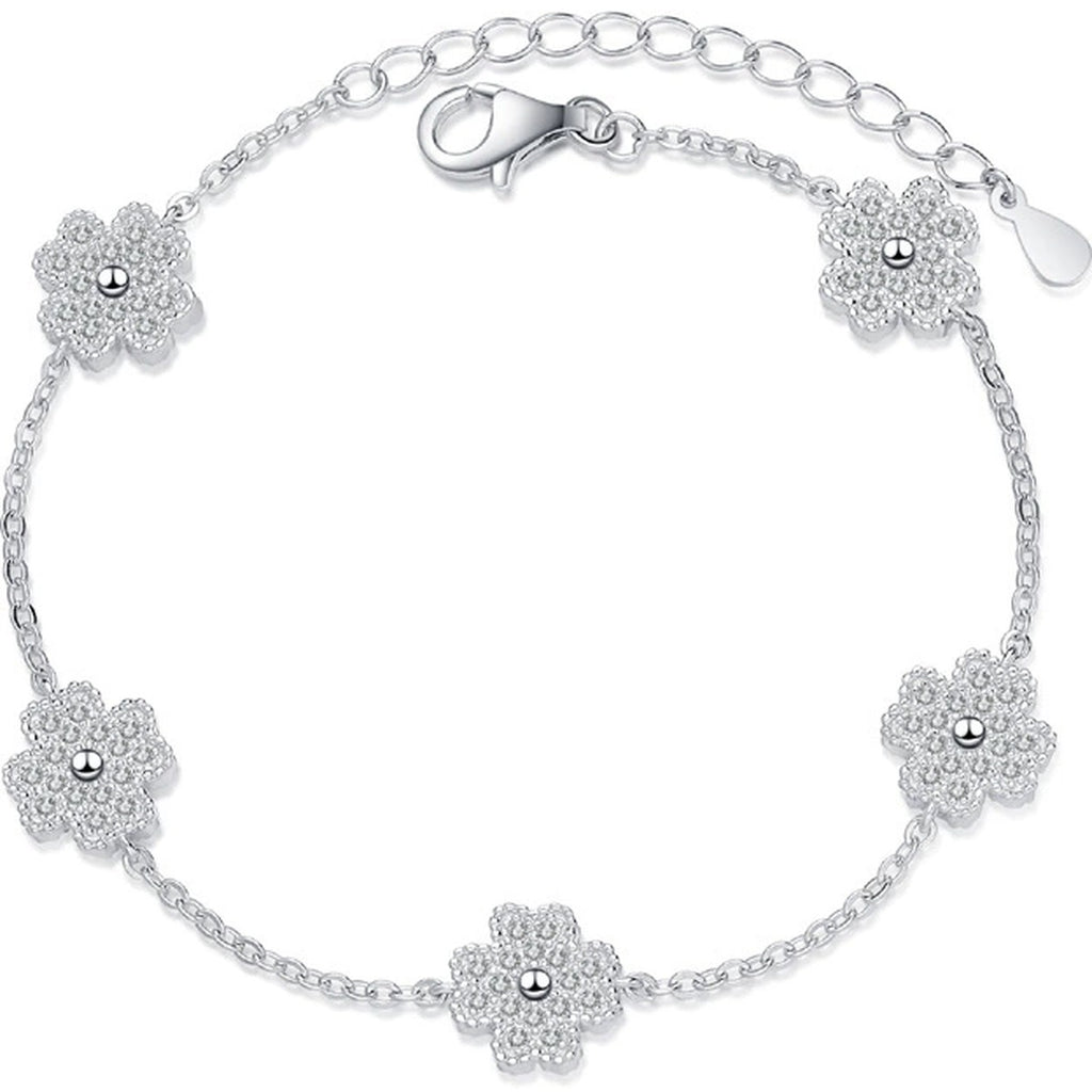 Clover Moissanite Adjustable Bracelet in Rhodium-Plated S925 sterling silver white background product photo showing bracelet shape and moissanite setting