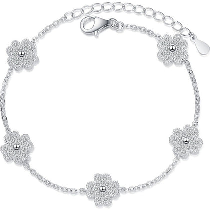 Clover Moissanite Adjustable Bracelet in Rhodium-Plated S925 sterling silver white background product photo showing bracelet shape and moissanite setting