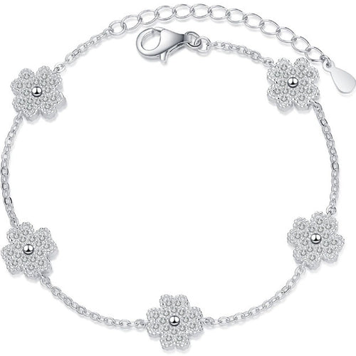 Clover Moissanite Adjustable Bracelet in Rhodium-Plated S925 sterling silver white background product photo showing bracelet shape and moissanite setting