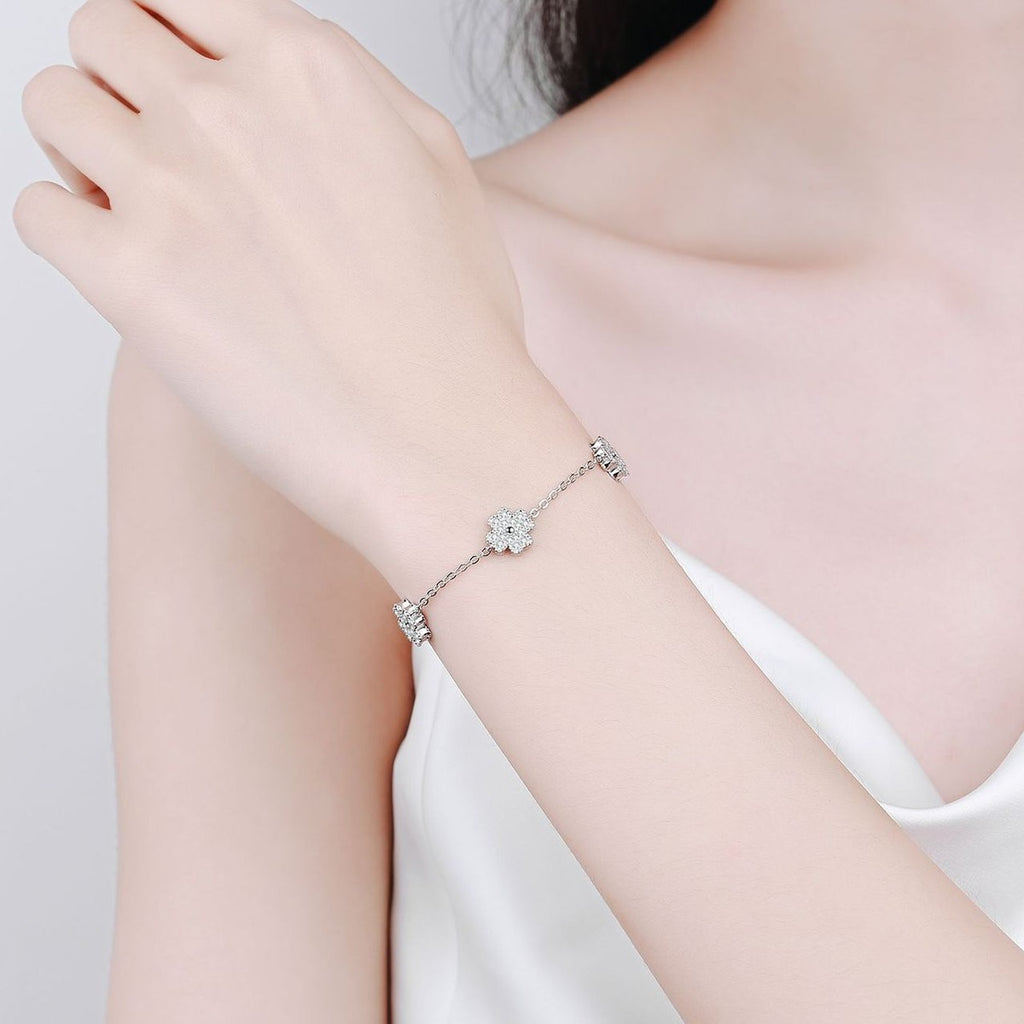 Clover Moissanite Adjustable Bracelet in Rhodium-Plated S925 sterling silver worn on wrist model view showing scale and adjustable fit