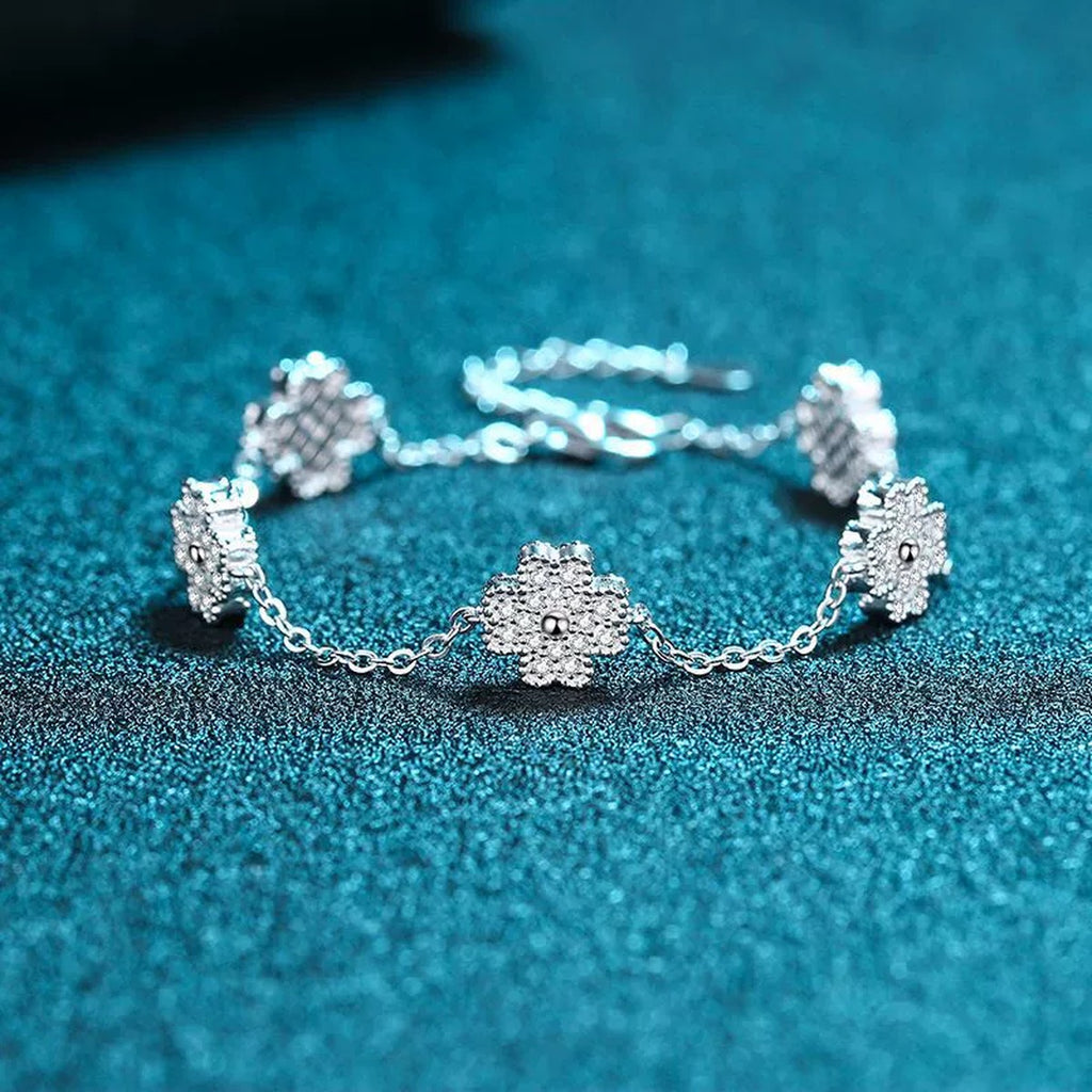 Clover Moissanite Adjustable Bracelet in Rhodium-Plated S925 sterling silver angled product display showing bracelet silhouette