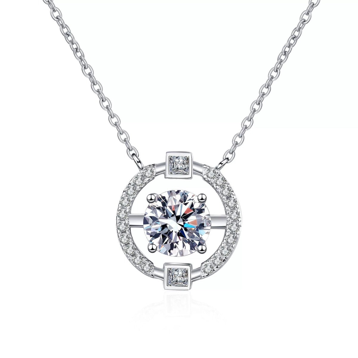 Halo Moissanite Pendant Necklace with CZ in Rhodium-Plated S925 sterling silver on white background showing pendant shape and round moissanite