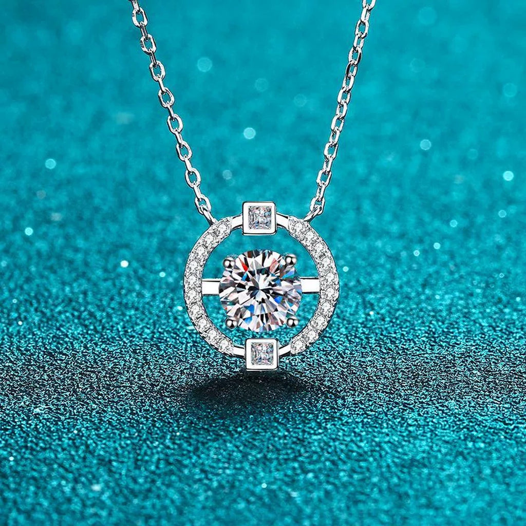 Halo Moissanite Pendant Necklace with CZ in Rhodium-Plated S925 sterling silver product scene view showing pendant detail