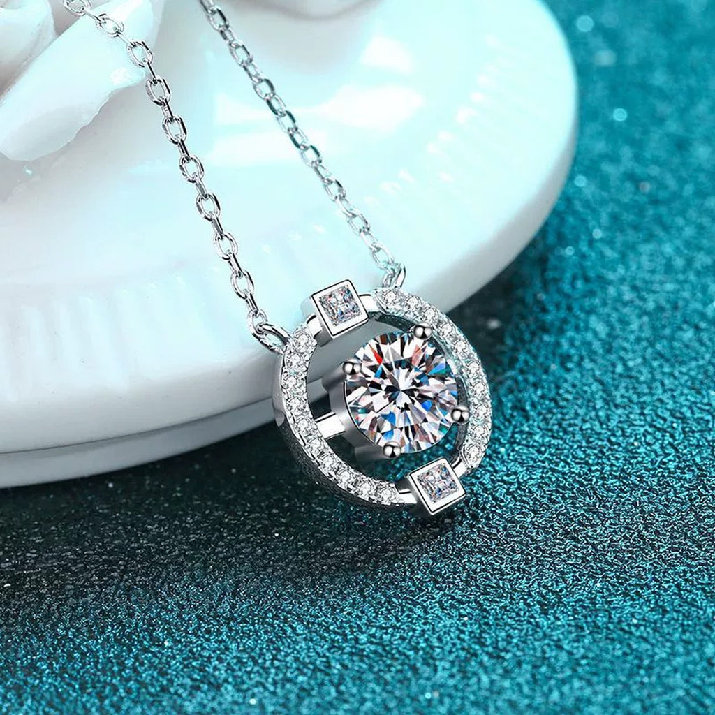 Halo Moissanite Pendant Necklace with CZ in Rhodium-Plated S925 sterling silver product scene view showing chain and setting detail