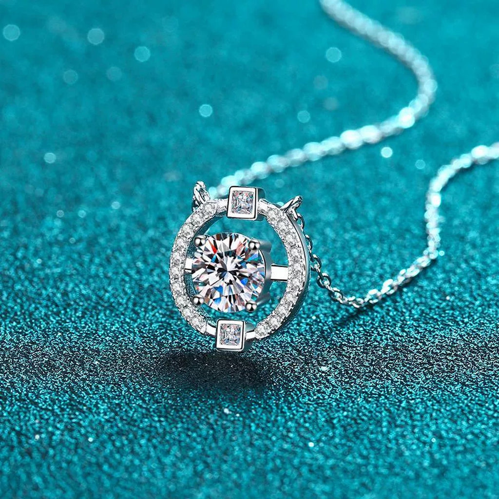 Halo Moissanite Pendant Necklace with CZ in Rhodium-Plated S925 sterling silver product scene view showing angled sparkle