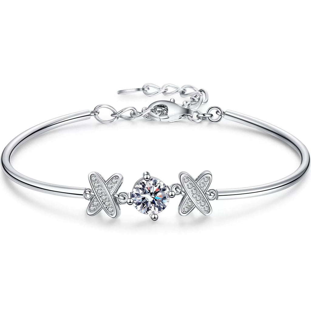 Butterfly Moissanite Bangle Bracelet with CZ in Rhodium-Plated S925 sterling silver white background product photo showing bracelet shape and moissanite setting