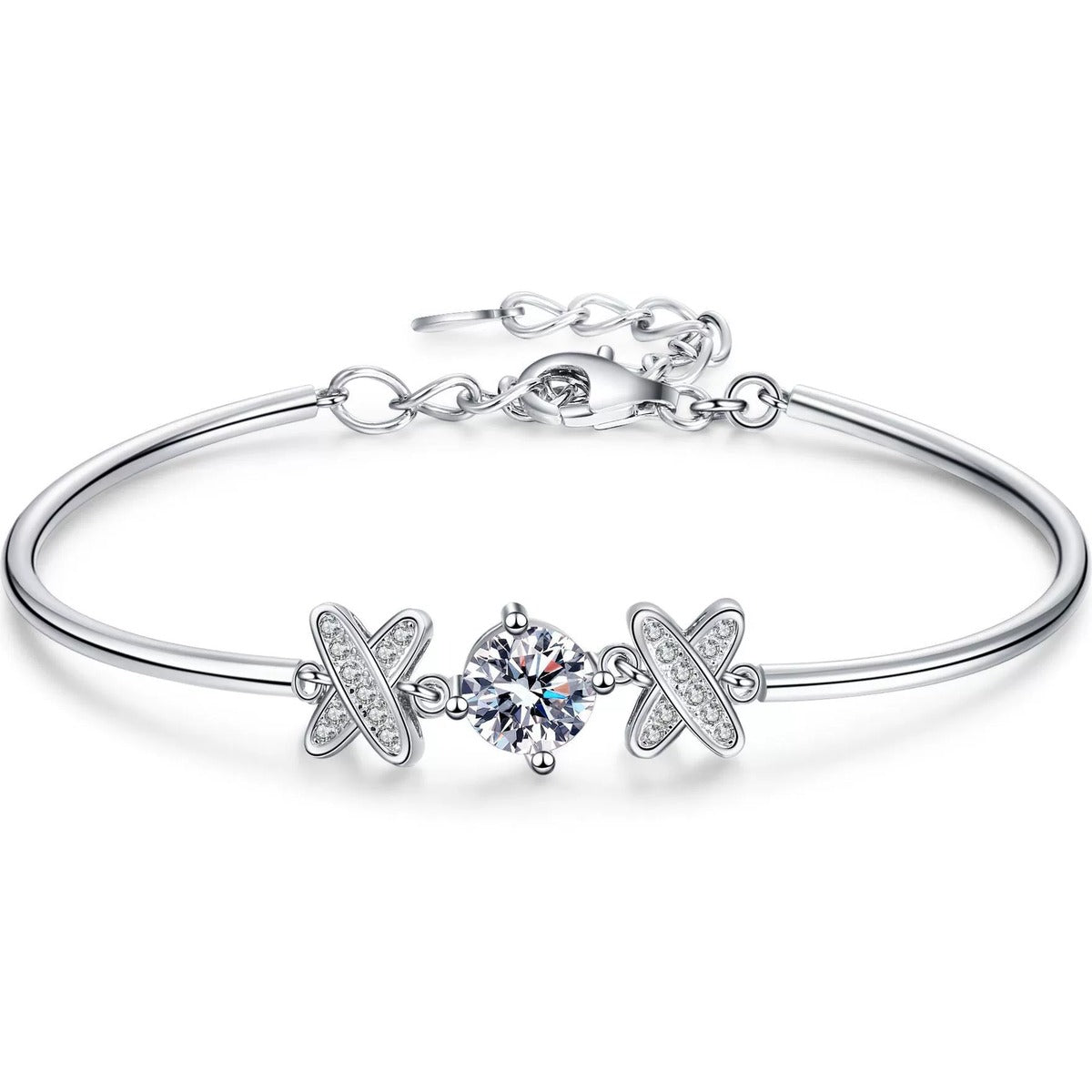 Butterfly Moissanite Bangle Bracelet with CZ in Rhodium-Plated S925 sterling silver white background product photo showing bracelet shape and moissanite setting