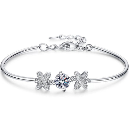 Butterfly Moissanite Bangle Bracelet with CZ in Rhodium-Plated S925 sterling silver white background product photo showing bracelet shape and moissanite setting