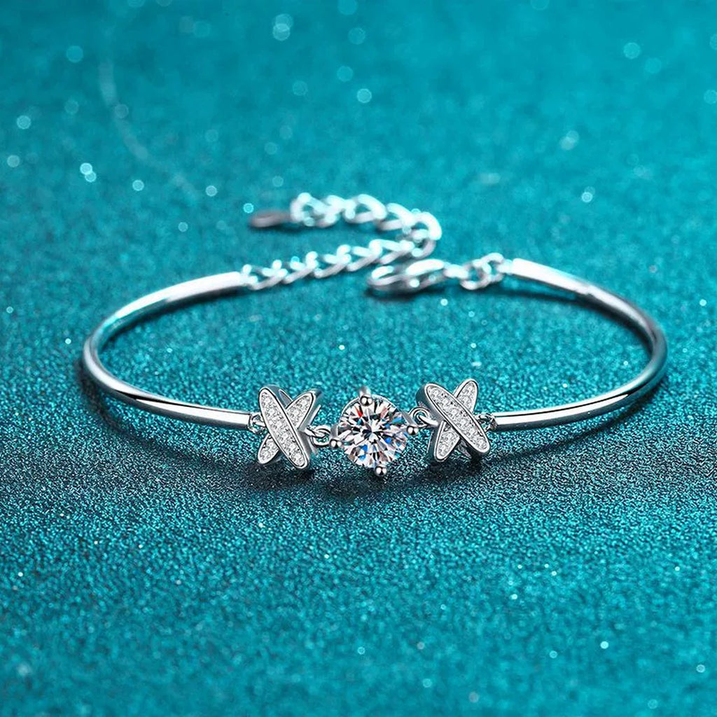 Butterfly Moissanite Bangle Bracelet with CZ in Rhodium-Plated S925 sterling silver styled product scene showing stone sparkle and chain detail