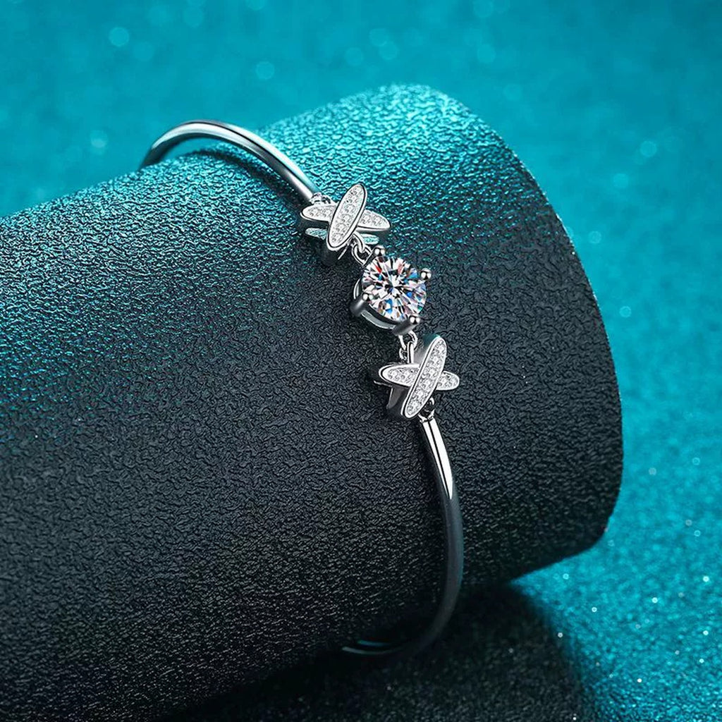 Butterfly Moissanite Bangle Bracelet with CZ in Rhodium-Plated S925 sterling silver close-up bracelet detail view showing clasp and motif