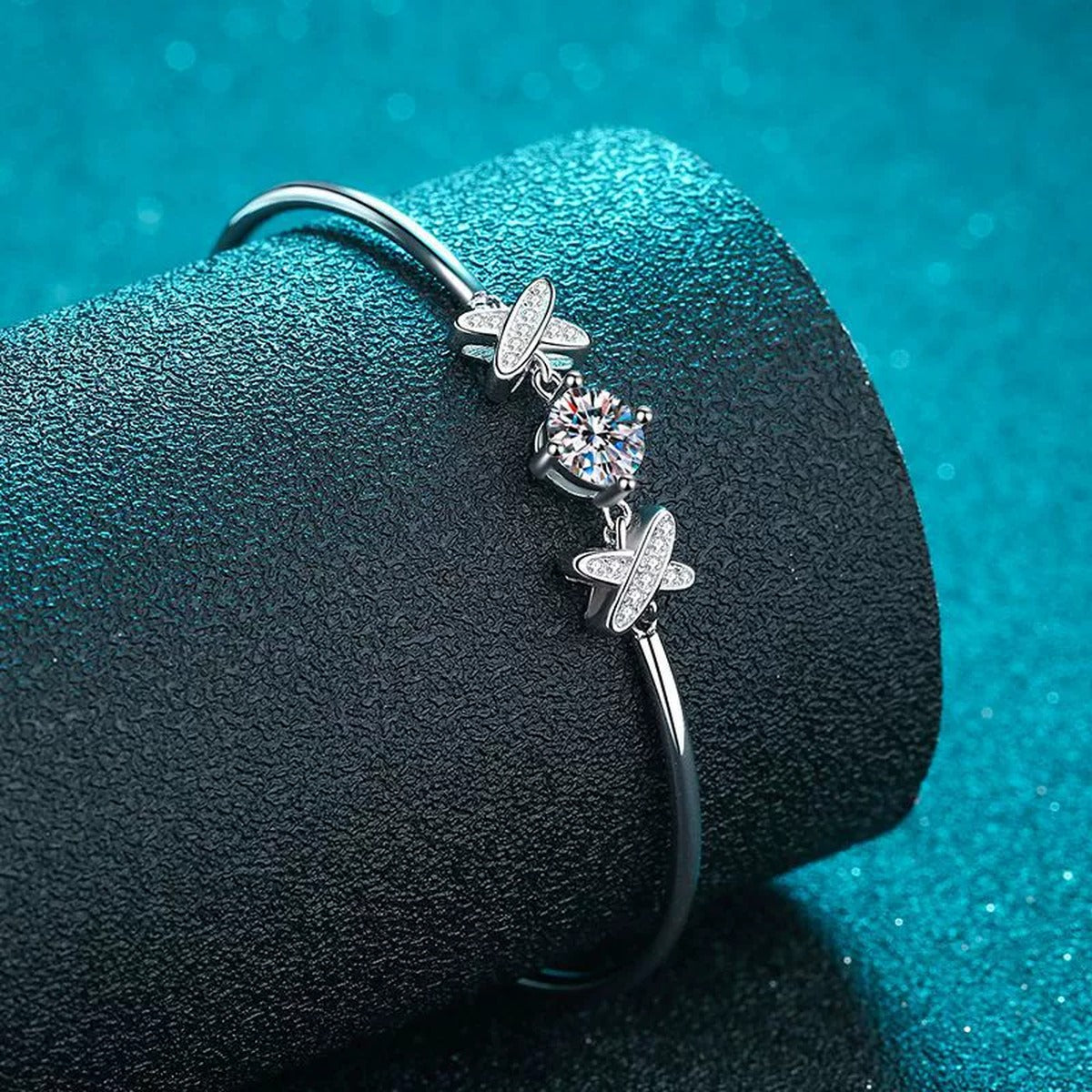 Butterfly Moissanite Bangle Bracelet with CZ in Rhodium-Plated S925 sterling silver close-up bracelet detail view showing clasp and motif