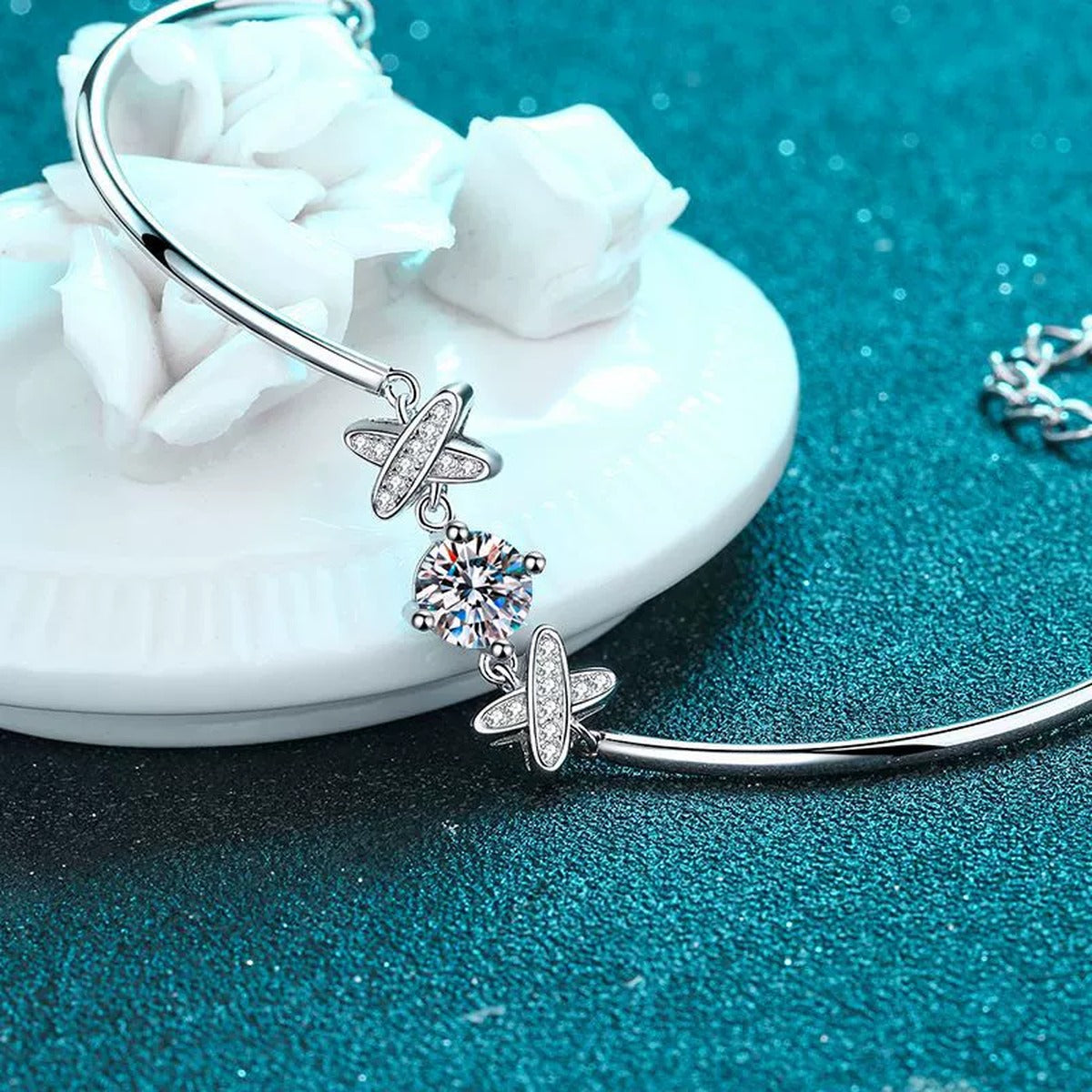 Butterfly Moissanite Bangle Bracelet with CZ in Rhodium-Plated S925 sterling silver angled product display showing bracelet silhouette