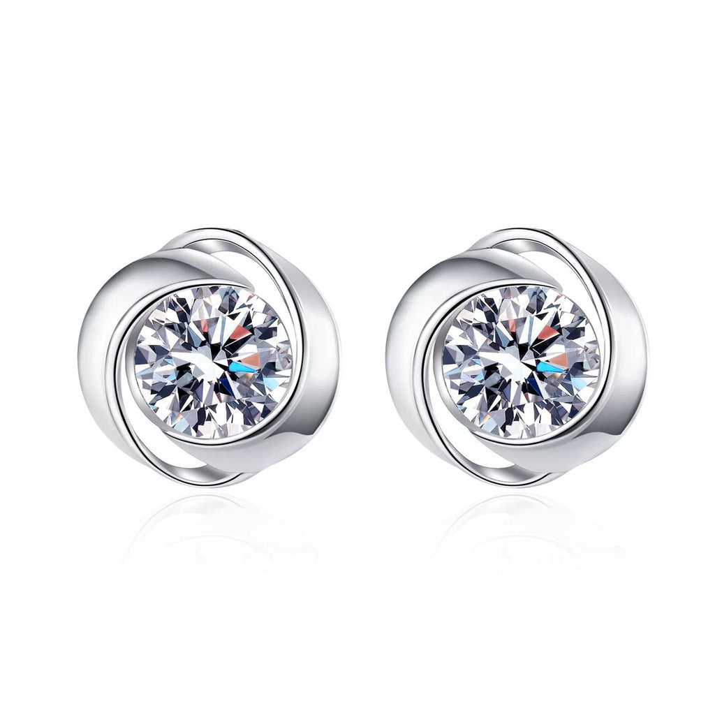 Bezel Round Moissanite Stud Earrings in Rhodium-Plated S925 sterling silver white background product photo showing the pair, stone shape, and stud earrings silhouette