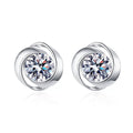 Bezel Round Moissanite Stud Earrings in Rhodium-Plated S925 sterling silver white background product photo showing the pair, stone shape, and stud earrings silhouette