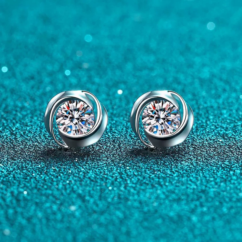 Bezel Round Moissanite Stud Earrings in Rhodium-Plated S925 sterling silver product scene view showing front sparkle