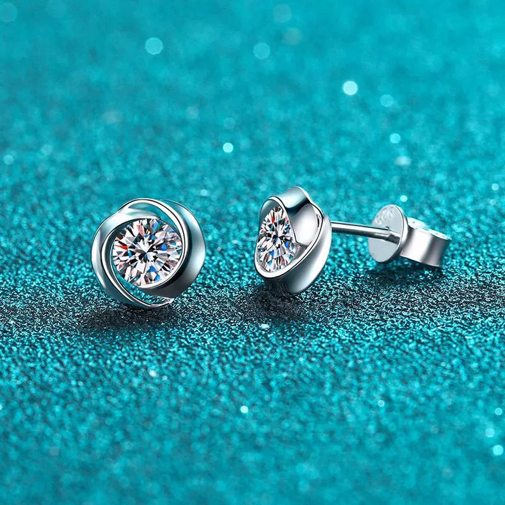 Bezel Round Moissanite Stud Earrings in Rhodium-Plated S925 sterling silver product scene view showing side profile