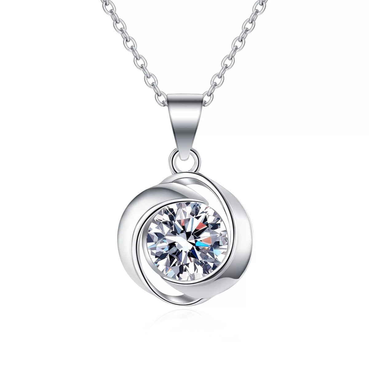 Solitaire Moissanite Pendant Necklace in Rhodium-Plated S925 sterling silver on white background showing pendant shape and round moissanite