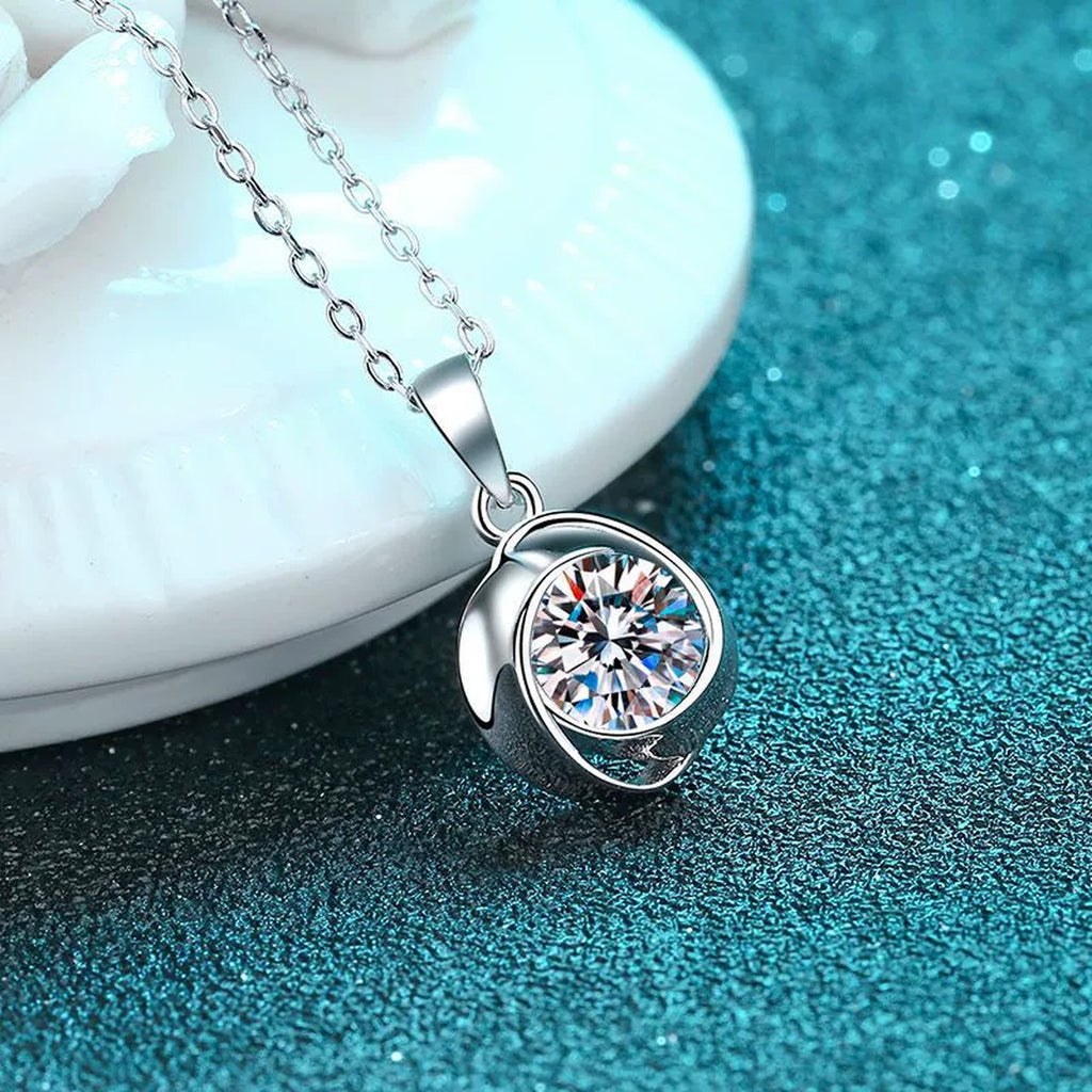Solitaire Moissanite Pendant Necklace in Rhodium-Plated S925 sterling silver product scene view showing pendant detail