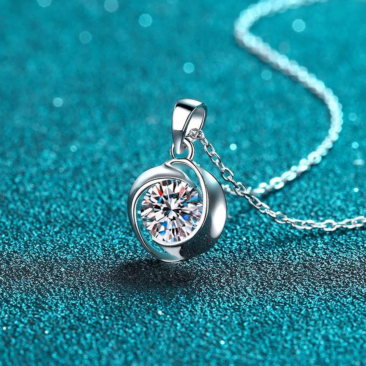 Solitaire Moissanite Pendant Necklace in Rhodium-Plated S925 sterling silver product scene view showing chain and setting detail