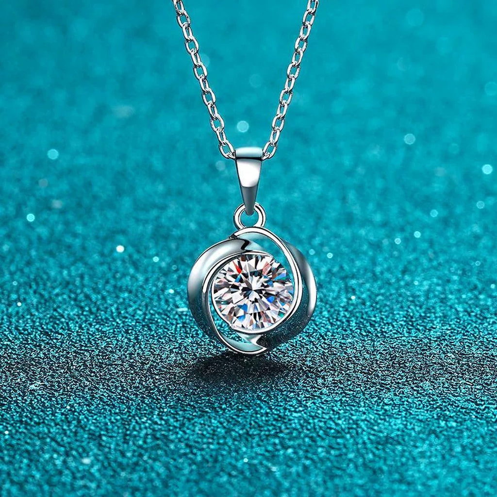Solitaire Moissanite Pendant Necklace in Rhodium-Plated S925 sterling silver product scene view showing angled sparkle
