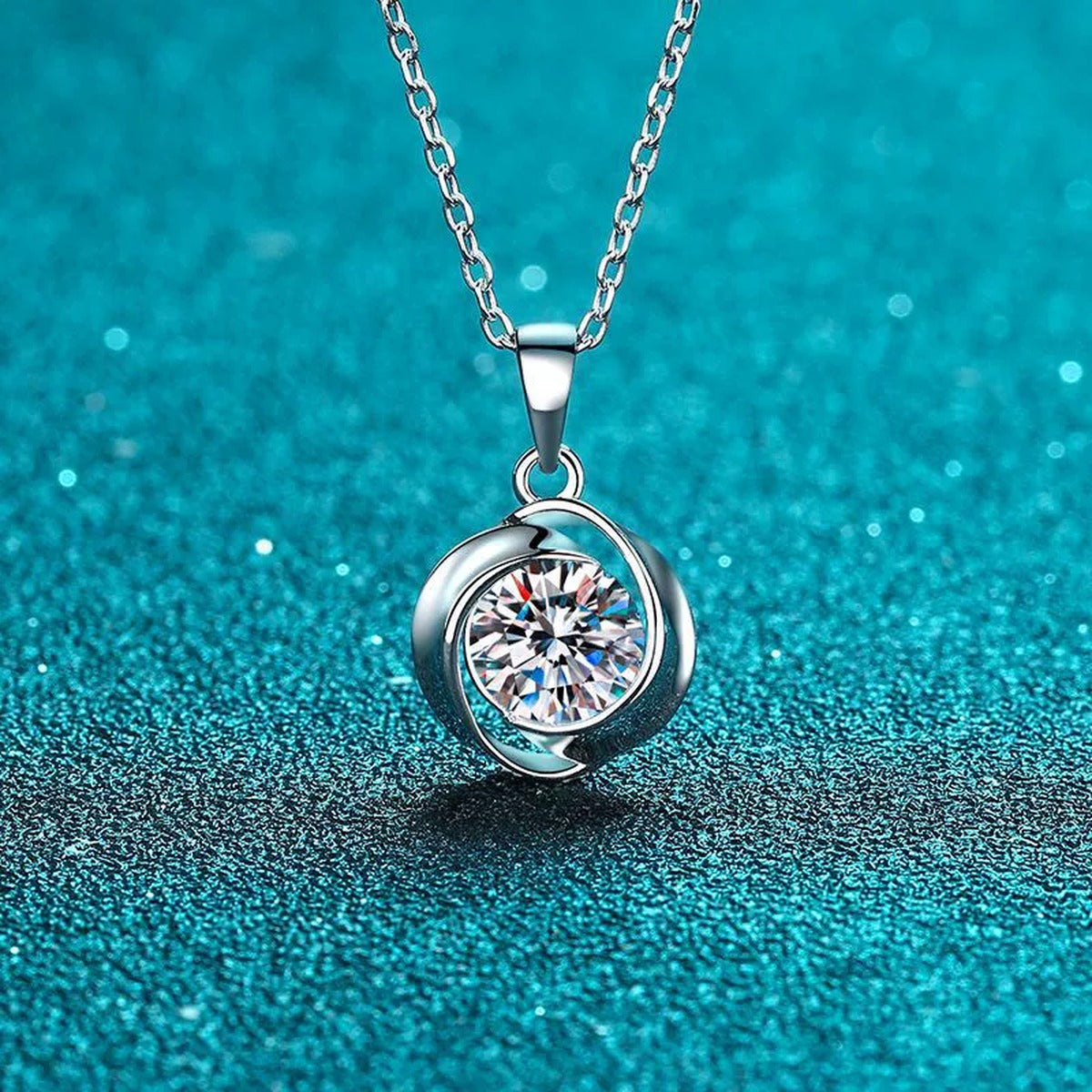 Solitaire Moissanite Pendant Necklace in Rhodium-Plated S925 sterling silver product scene view showing angled sparkle