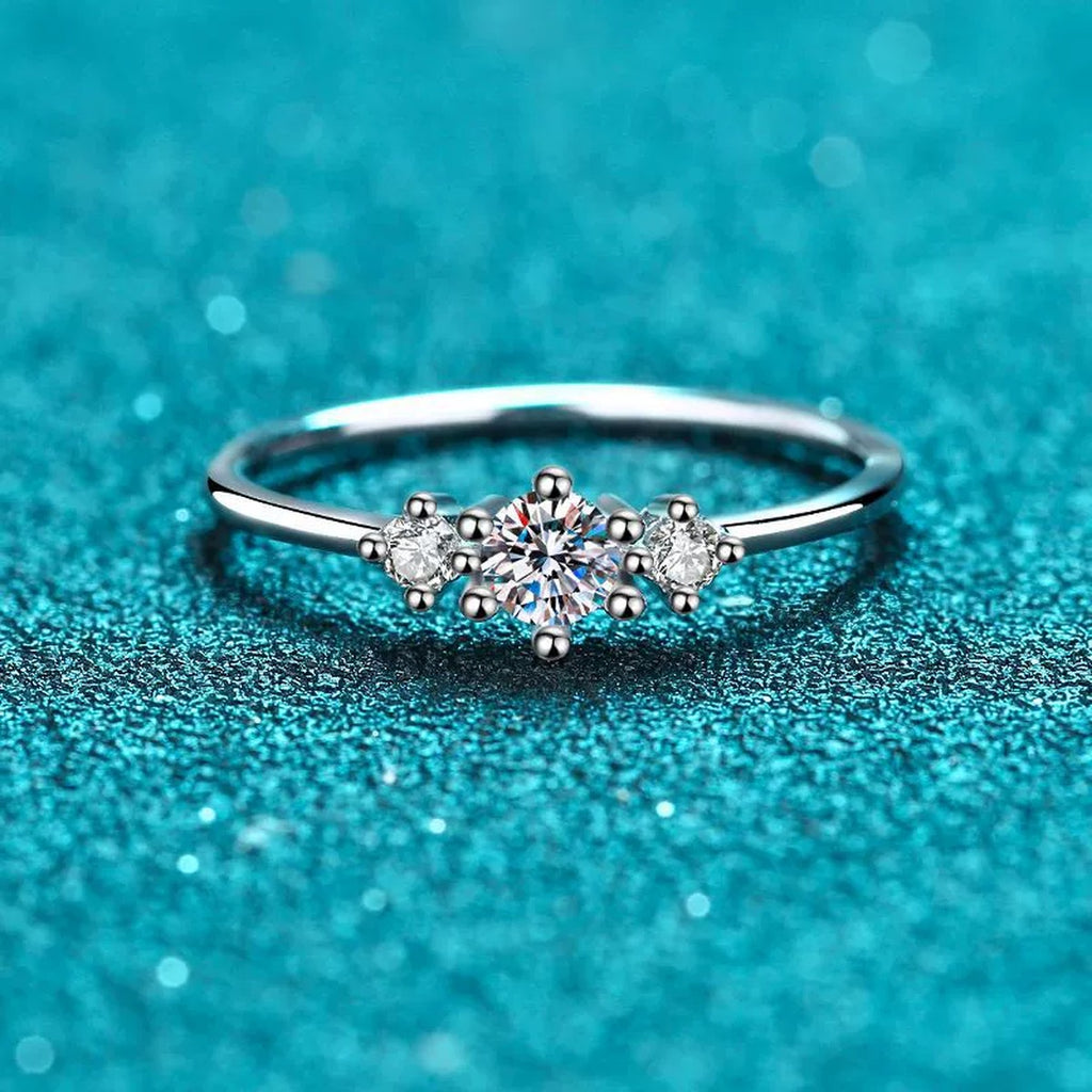 Round Cluster Moissanite Ring product view showing moissanite setting and rhodium finish