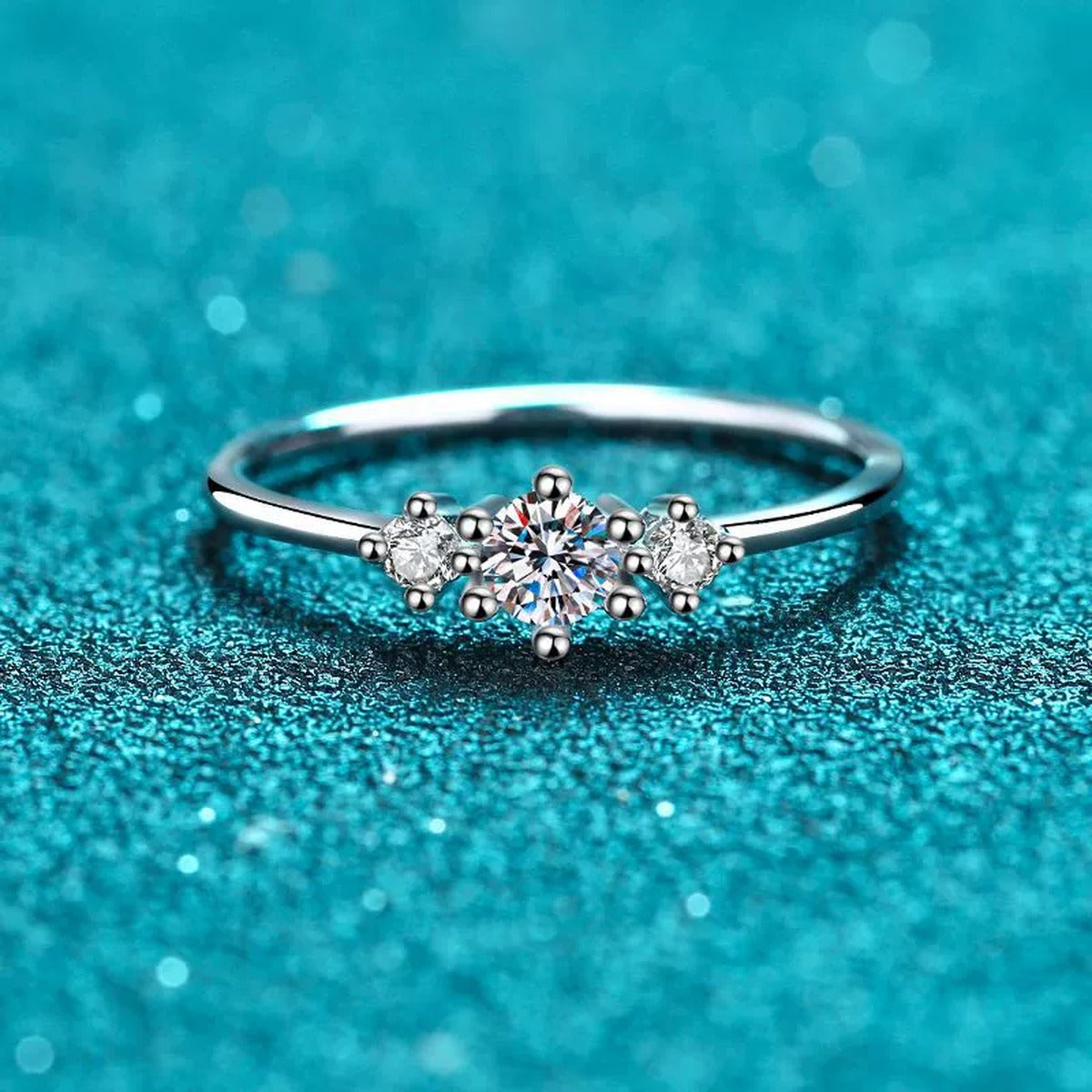 Round Cluster Moissanite Ring product view showing moissanite setting and rhodium finish