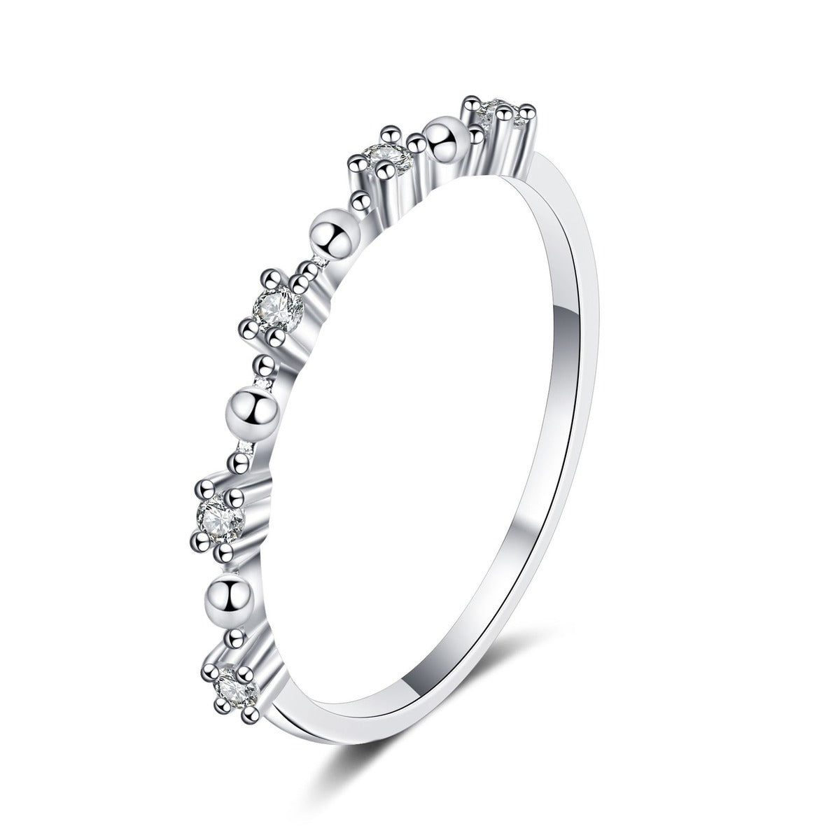 Delicate Round Moissanite Band Ring in rhodium-plated S925 sterling silver on clean white background