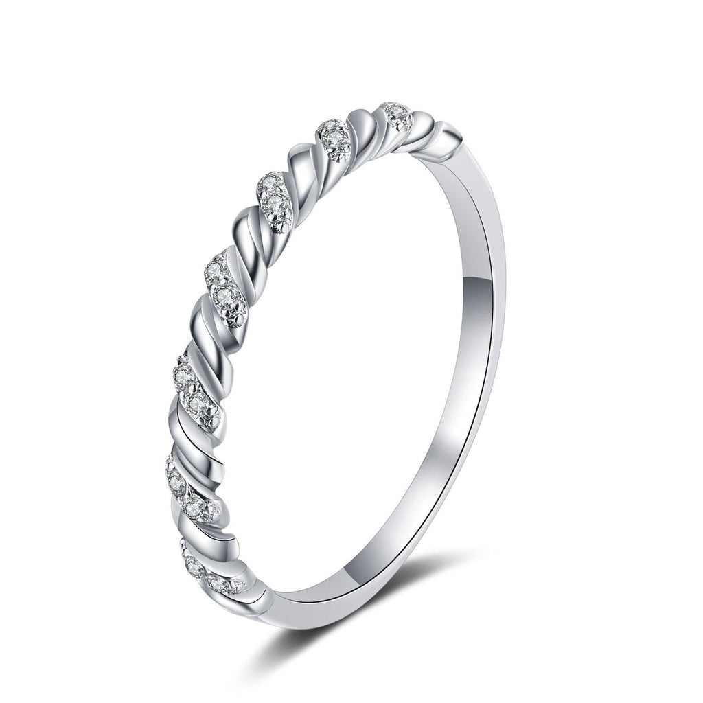 Slim Pave Moissanite Band Ring in rhodium-plated S925 sterling silver on clean white background