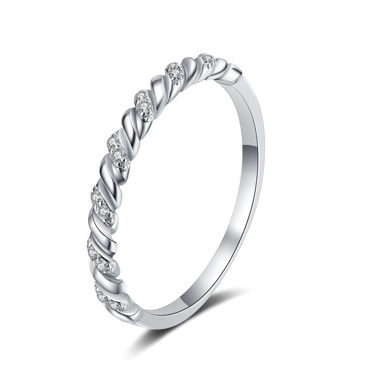 Slim Pave Moissanite Band Ring in rhodium-plated S925 sterling silver on clean white background