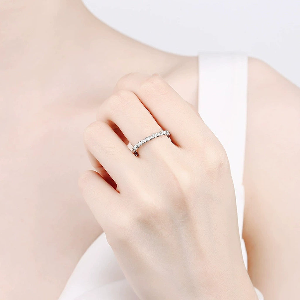Slim Pave Moissanite Band Ring worn on hand to show scale and ring profile