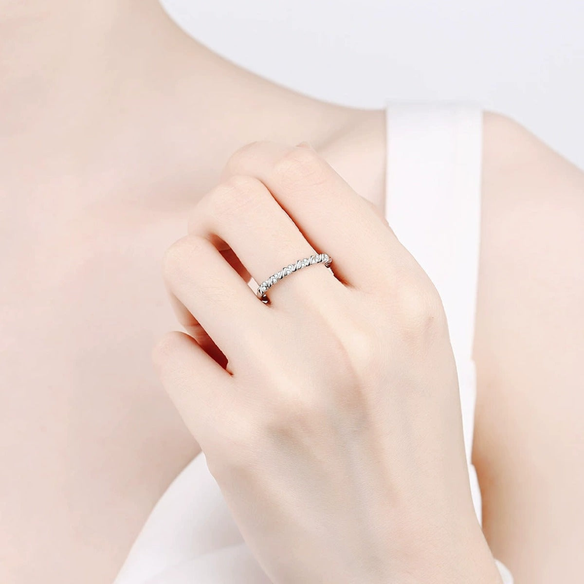 Slim Pave Moissanite Band Ring worn on hand to show scale and ring profile