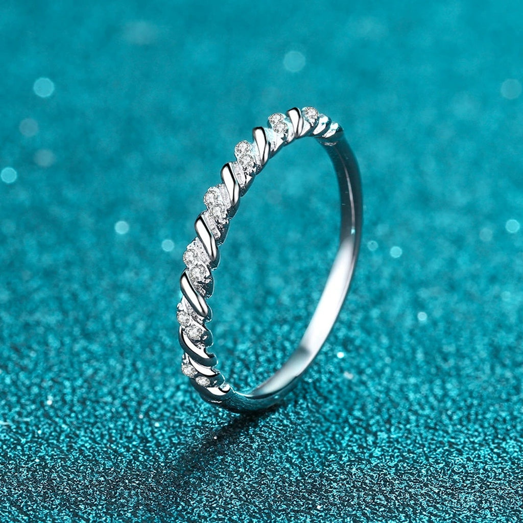 Slim Pave Moissanite Band Ring product view showing moissanite setting and rhodium finish
