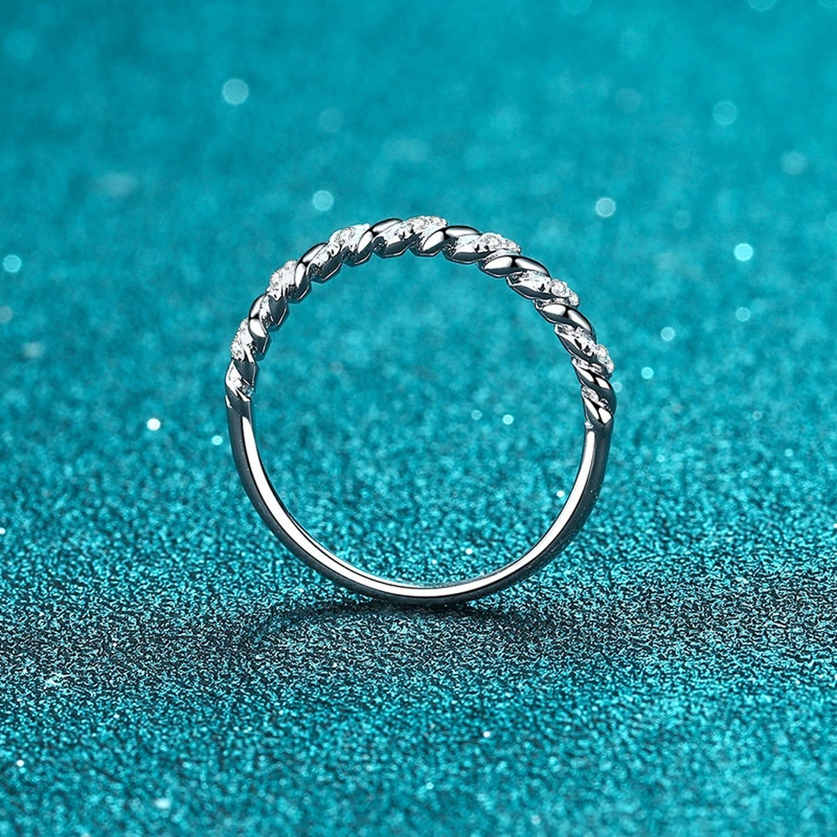 Slim Pave Moissanite Band Ring product view showing moissanite setting and rhodium finish