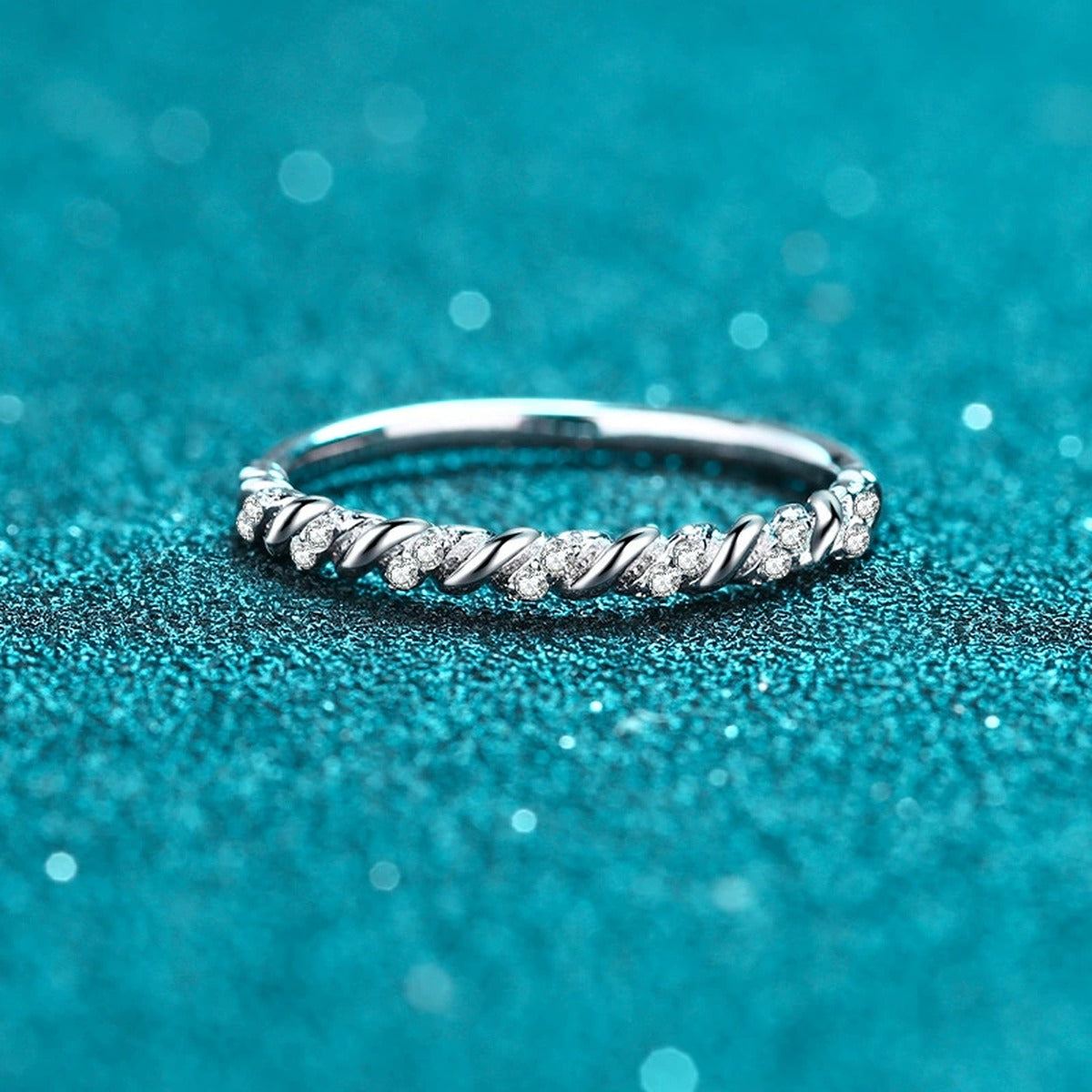 Slim Pave Moissanite Band Ring product view showing moissanite setting and rhodium finish