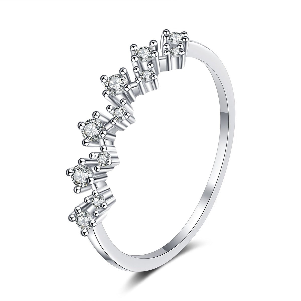 Round Moissanite Wave Band Ring in rhodium-plated S925 sterling silver on clean white background