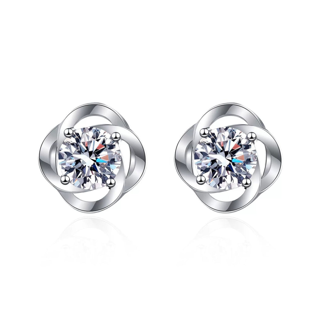 Floral Round Moissanite Stud Earrings in Rhodium-Plated S925 sterling silver white background product photo showing the pair, stone shape, and stud earrings silhouette