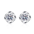 Floral Round Moissanite Stud Earrings in Rhodium-Plated S925 sterling silver white background product photo showing the pair, stone shape, and stud earrings silhouette