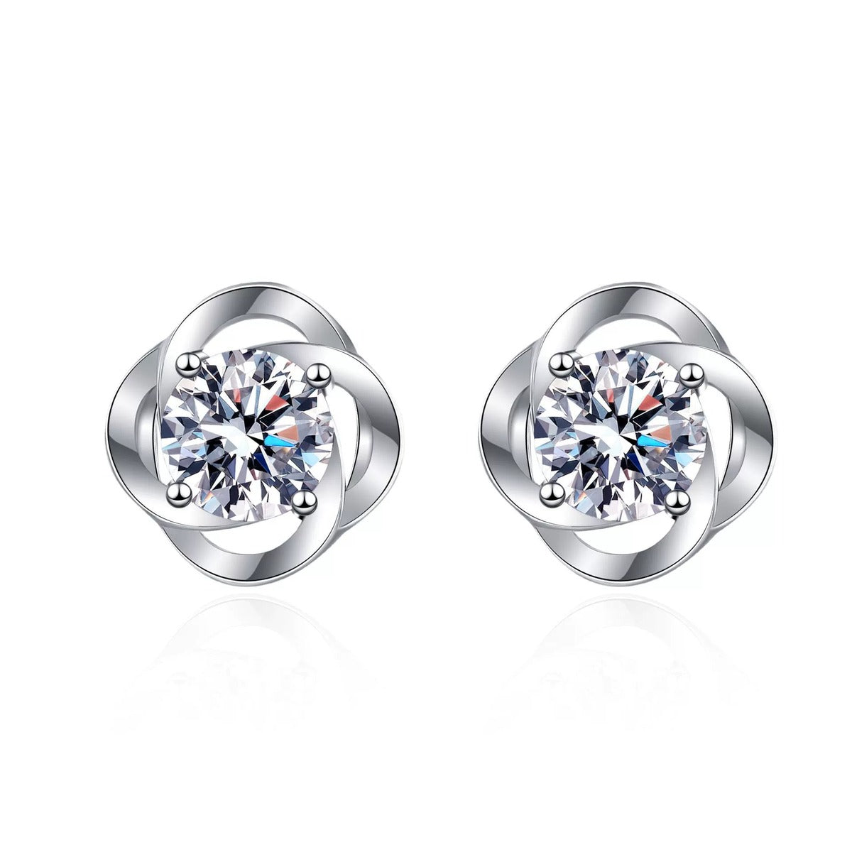 Floral Round Moissanite Stud Earrings in Rhodium-Plated S925 sterling silver white background product photo showing the pair, stone shape, and stud earrings silhouette
