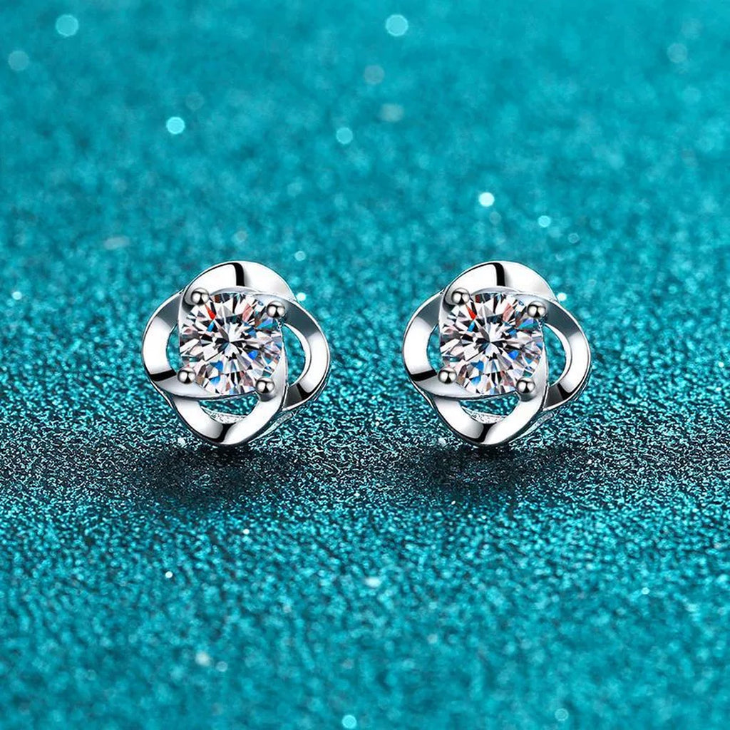 Floral Round Moissanite Stud Earrings in Rhodium-Plated S925 sterling silver product scene view showing front sparkle